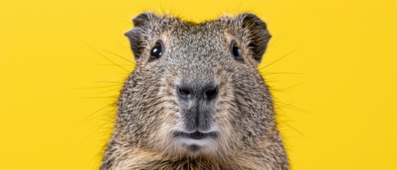 a close - up of a rodent's face on a yellow background with a blurry look on its face.