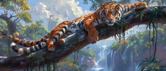 a painting of a tiger resting on a tree branch in a jungle with waterfalls and trees in the background. - obrazy, fototapety, plakaty