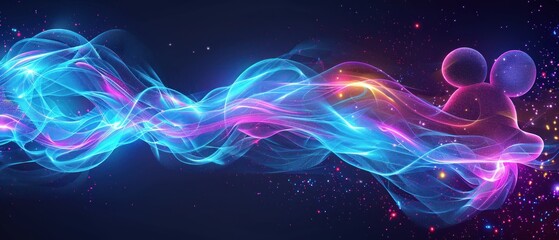a computer generated image of a wave of blue and pink colors on a dark background with stars and a black background.