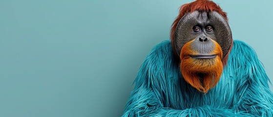 a close up of a person wearing a monkey mask with red hair and a blue fur coat on a blue background.