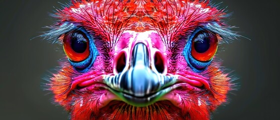 a close up of an ostrich's face with red, blue, and green feathers and a black background.