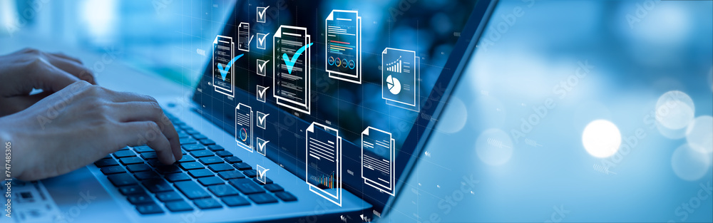 Wall mural document management concept, check electronic documents on digital documents on virtual screen docum