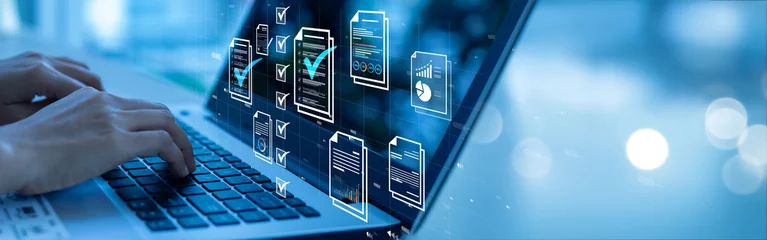 Fotobehang Document management concept, check electronic documents on digital documents on virtual screen Document Management System and process automation to efficiently document paperless operate  © Urupong