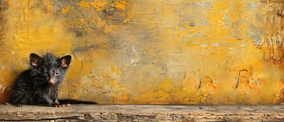 a rat is sitting on a ledge in front of a yellow wall with a paint chipping off of it.