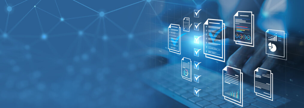 Document management concept, check electronic documents on digital documents on virtual screen Document Management System and process automation to efficiently document paperless operate 
