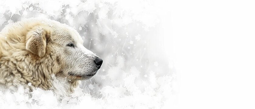a close up of a dog's face in front of a white background with snow flakes on it.
