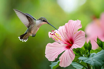 a hummingbird hovering over a pink hibiscus flower - Powered by Adobe