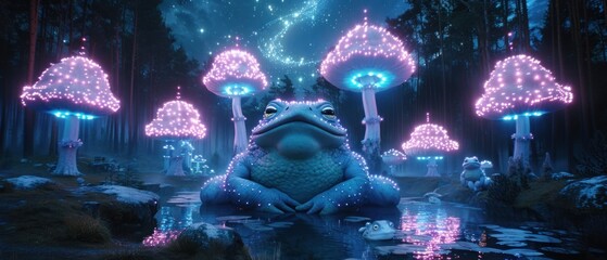 a large frog sitting in the middle of a forest filled with lots of trees covered in blue and pink lights.