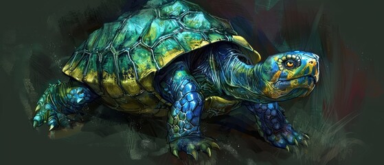 a drawing of a green and yellow turtle on a black background with a red spot in the center of the turtle's head.