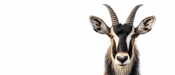a close up of a goat's head on a white background with a black and brown goat's head.