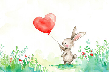 A watercolor illustration of a bunny holding a heart-shaped balloon, with a beautiful garden in the background