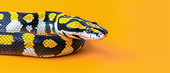 a close up of a snake on a yellow and orange background with a black, white, and yellow color scheme.