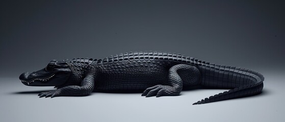 a large black alligator laying on top of a white floor next to a black wall and a gray wall behind it. - obrazy, fototapety, plakaty