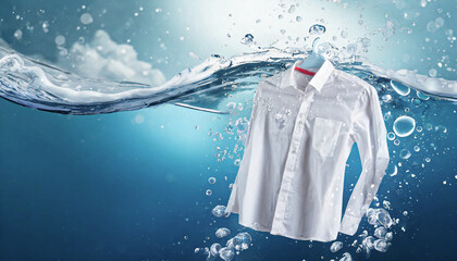 cleaning clothes washing machine or liquid detergent commercial advertisement style with floating white shirt underwater with bubbles and wet splashes laundry work as banner design, space for text - obrazy, fototapety, plakaty