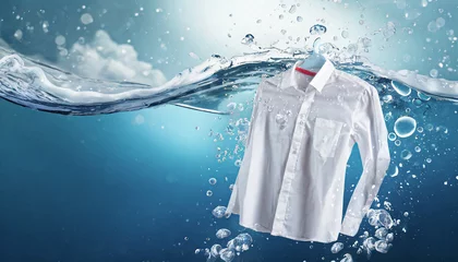 Fotobehang cleaning clothes washing machine or liquid detergent commercial advertisement style with floating white shirt underwater with bubbles and wet splashes laundry work as banner design, space for text © anandart