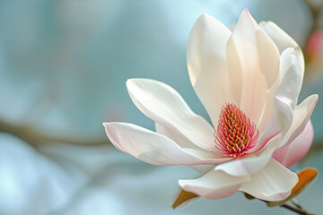 a white magnolia flower with a pink center