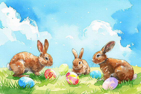 A watercolor illustration of a group of bunnies playing with Easter eggs, with a beautiful blue sky in the background