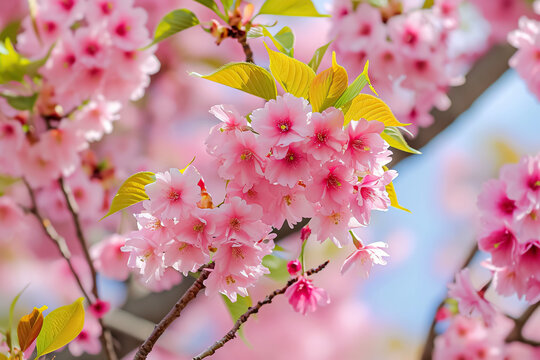 a cherry blossom tree with pink flowers and green leaves