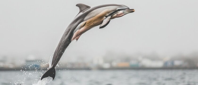 a dolphin jumping out of the water with it's mouth open and it's head above the water.