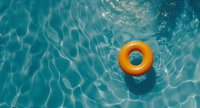 orange swimming pool ring float in blue pool water. Summer and vacation concept