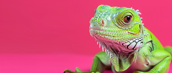 a close up of an iguana on a pink background with a green and white lizard on it's back legs.