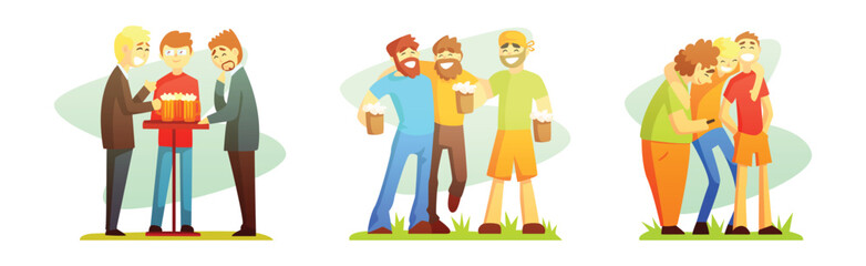 Friends Together Meeting Drink Beer and Talking Vector Set