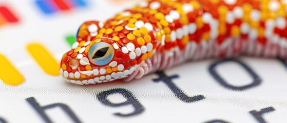 a close up of a red and yellow gecko on a white sheet of paper with letters and numbers in the background.
