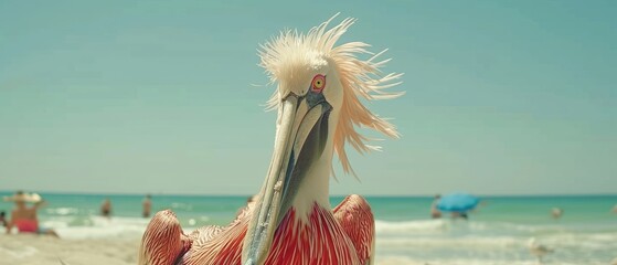 a close up of a pelican on a beach near a body of water with people in the background.