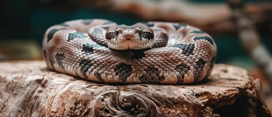 a close up of a snake on top of a piece of wood with a blurry background in the background. - obrazy, fototapety, plakaty