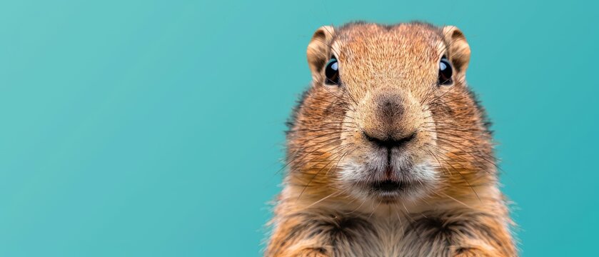 a close - up of a squirrel's face against a blue background with a blurry image of the squirrel's head.