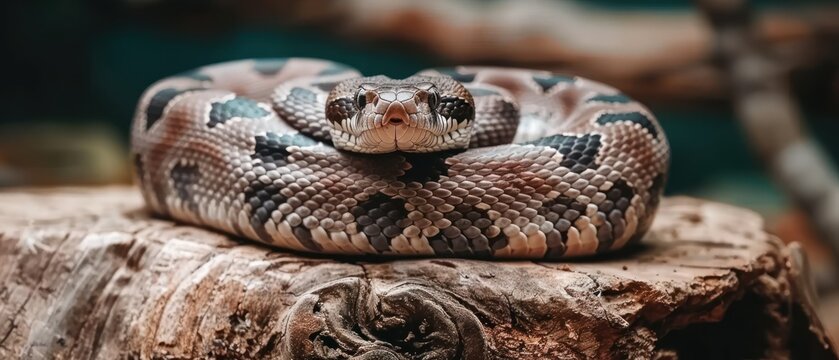a close up of a snake on top of a piece of wood with a blurry background in the background.