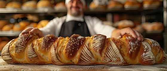 Gartenposter baker in the bakery store, showing the big bagels breads © STOCKYE STUDIO