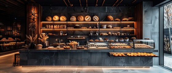 bagels in a bakery shelves and balcony, light amber and aquamarine, light silver and amber, romanticized nostalgia