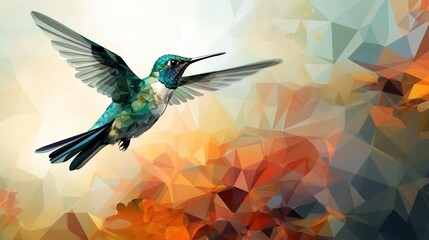Obraz premium vector illustration of camouflage flying hummingbird spreading its wings in bright colors with abstract geometric technology cubes background