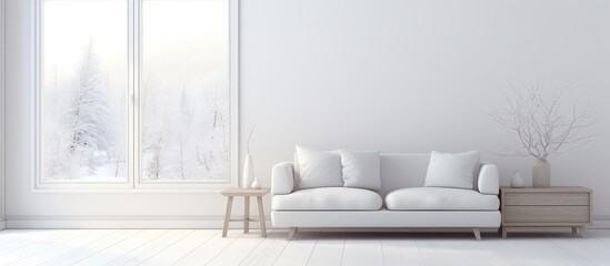 A white couch sits in a minimalist living room, complemented by a dresser on a wooden floor. A large window with a white landscape view adds to the serene Nordic interior design.