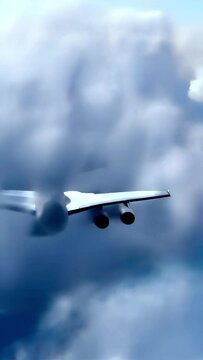 Passenger plane flies high in sky above clouds