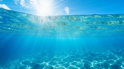 Blue sea or ocean water surface and underwater with sunny and cloudy sky