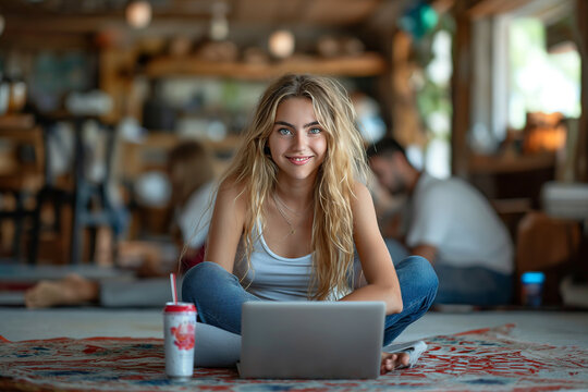 Woman with soft drink sitting on floor using laptop with friends in background