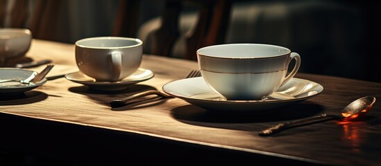 A wooden table is showcased with two cups and saucers placed neatly on top. The setting suggests a coffee or tea break with a touch of elegance.