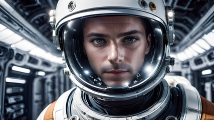 Portrait of a young man cosmonaut in a spacesuit.