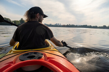 Professional male athlete focuses on paddling exercises. Young man enjoys energetic aquatic experience on weekend far away from city