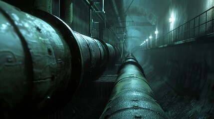 a pipe in a dark tunnel with a light - obrazy, fototapety, plakaty