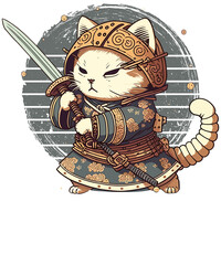 Japanese samurai cat in cute kawaii anime style with ninja sword and Japanese flowers, Japanese lettering and Japanese elements in the background