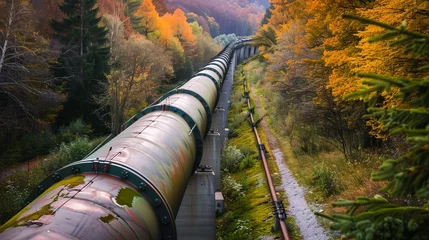  a large pipe laying on top of a dirt road next to a forest © progressman