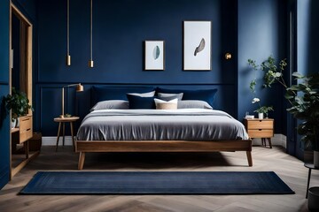 interior of a bedroom, Step into the realm of modern Scandinavian interior design with a captivating scene of a bedroom adorned with sleek wood bed and bedside table, set against a backdrop of dark bl