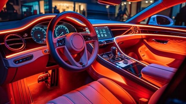 Stimmungslicht und Beleuchtung mit besonderem Design im Auto mit moderner Innenraumbeleuchtung Generative AI