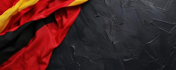 Belgian flag on black. Belgian flag lies on the left on a black background with space for text to the right, top view close-up