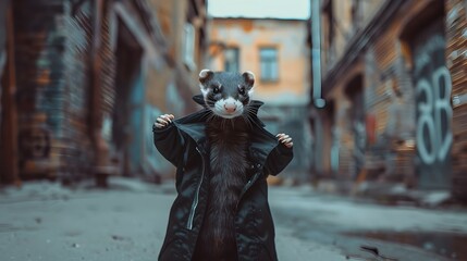 Ferret in a jacket poses in an urban alley - An adorable ferret dons a tiny black jacket looking like a little adventurer against a gritty urban alley backdrop