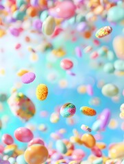Fototapeta na wymiar Colorful candies floating in a bright blue sky - Whimsical image of various vibrant candies suspended in a crystal-clear blue sky for a dreamy scene