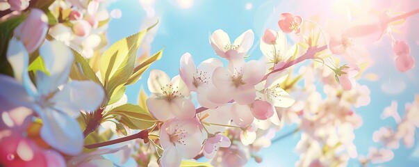 Blossoming tree branch on blue sky background. Spring equinox concept